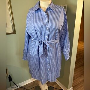 137. DKNY Striped Blue Button-Up Shirt Dress with Tie Waist